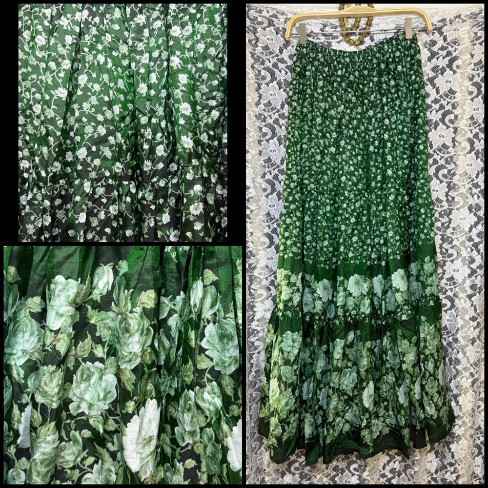 NWOT Handmade Floral rose print Maxi Skirt in Green white elastic waist S/M